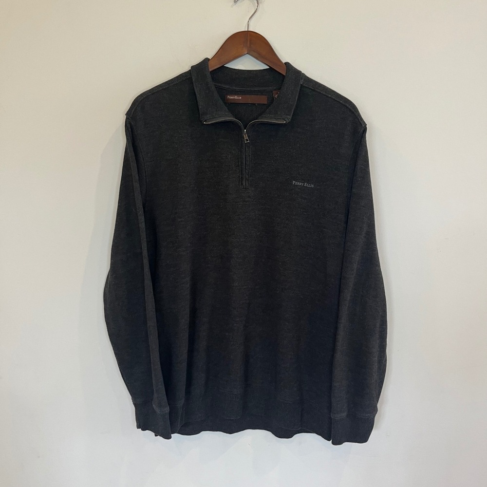 Perry Ellis Mens XL Quarter Zip Pullover Sweater Charcoal Gray Heather Cotton